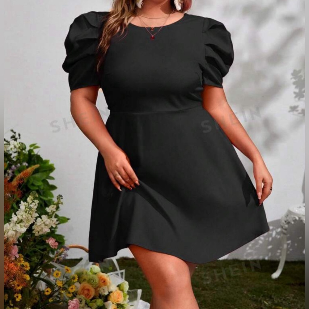 Black Tie Back Puff Sleeve Dress